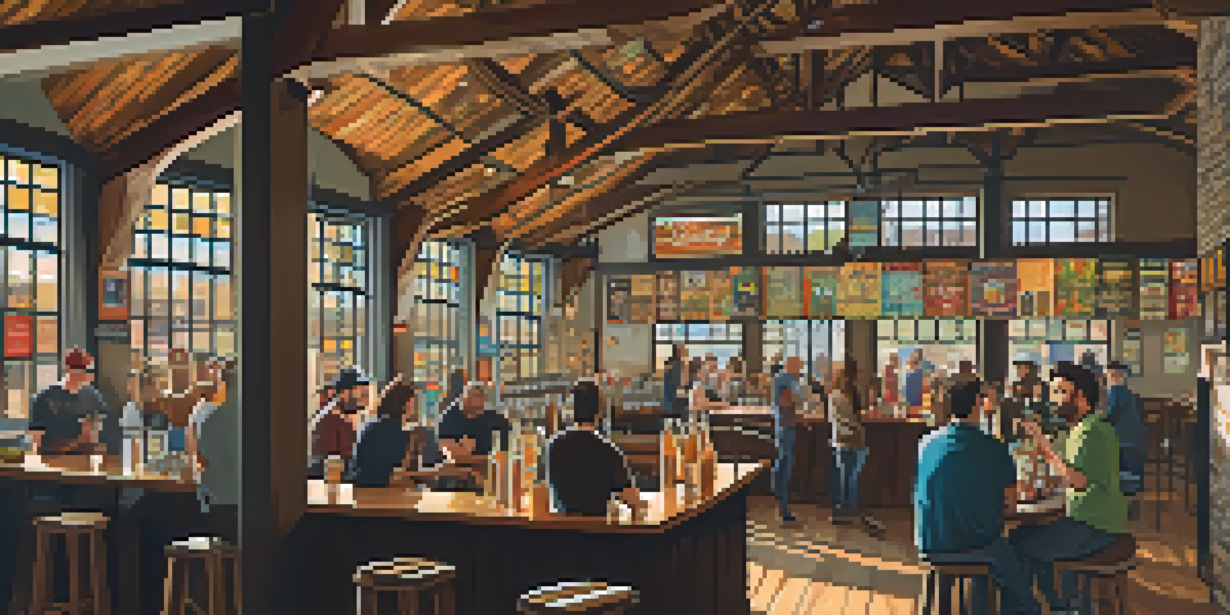 A lively craft brewery interior filled with patrons enjoying drinks, with wooden beams and colorful beer labels on the walls.
