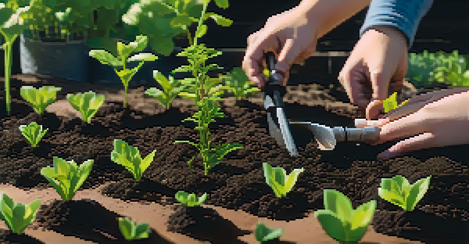 Close-up of hands planting young seedlings in dark soil, illustrating the texture of the earth and the care involved in gardening.