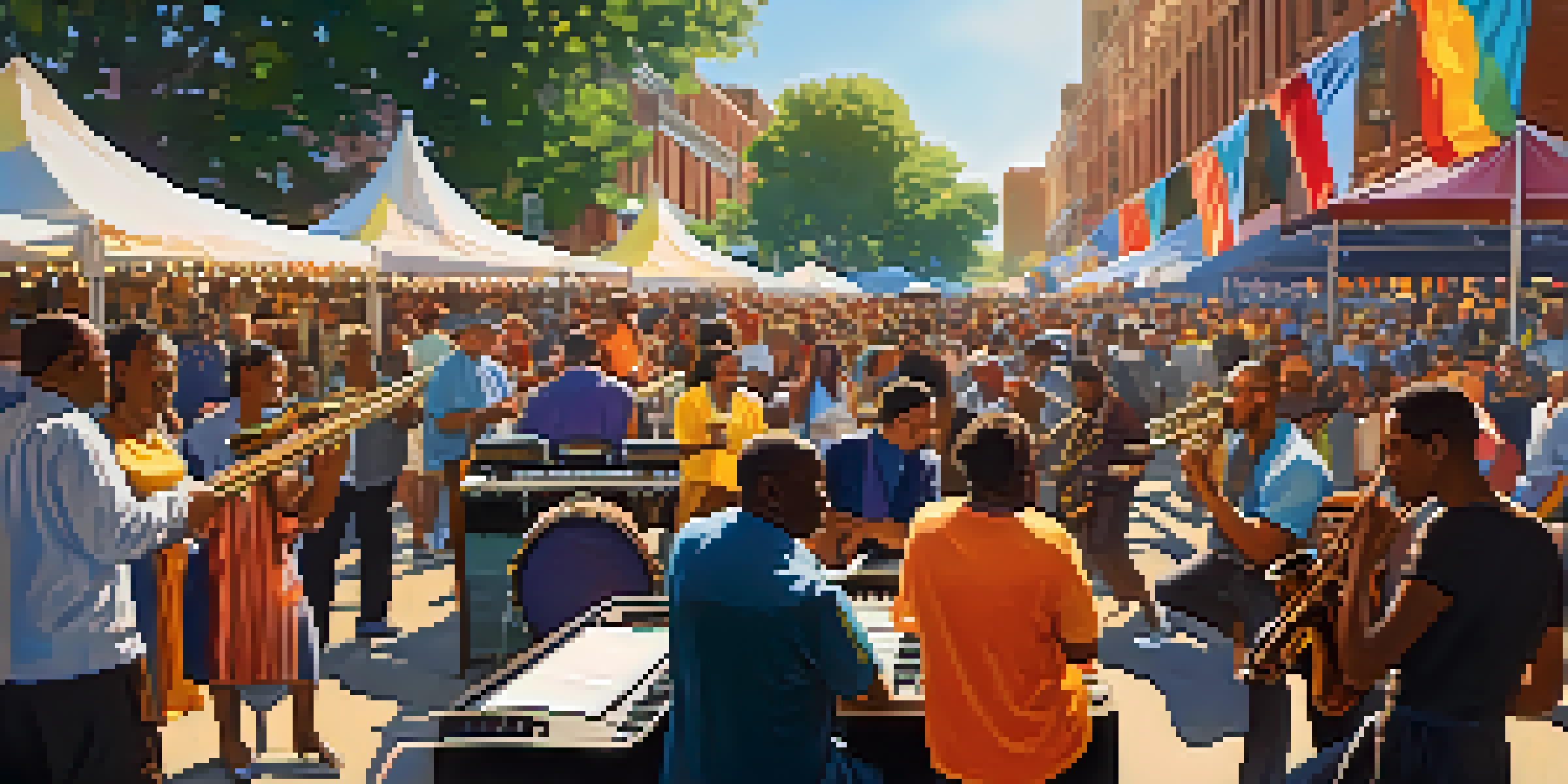 A lively outdoor jazz festival in Detroit with musicians performing and a crowd enjoying the music under colorful decorations.