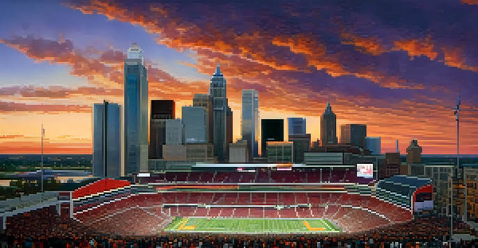 A panoramic sunset view of Detroit's skyline with sports fans in the foreground wearing team jerseys.