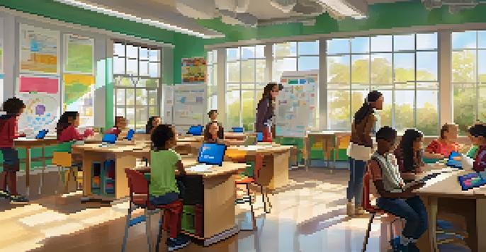 A bright classroom with diverse students working together on projects, using technology and surrounded by educational posters.