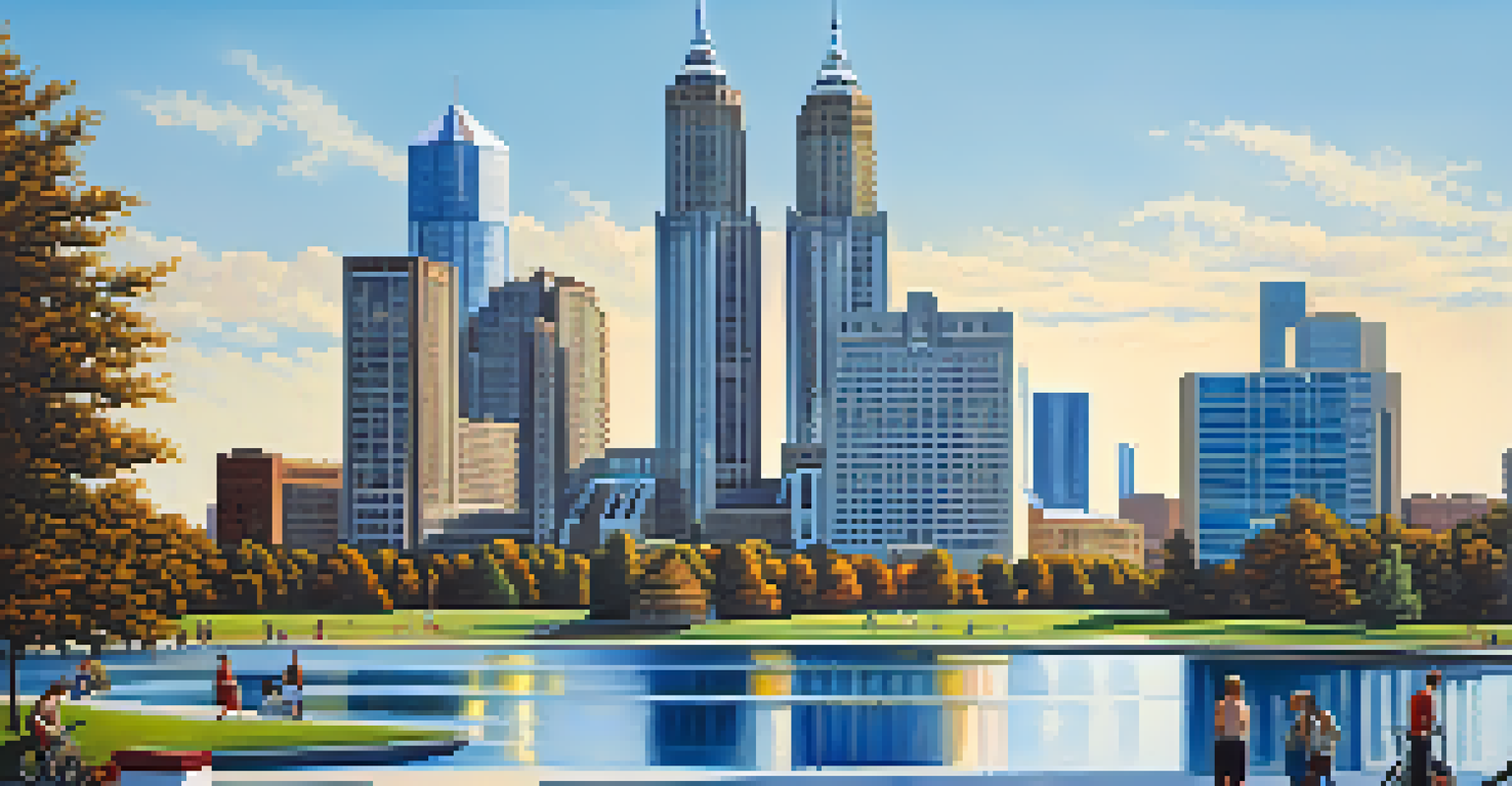 Modern view of Detroit's skyline with the Renaissance Center and a community park.