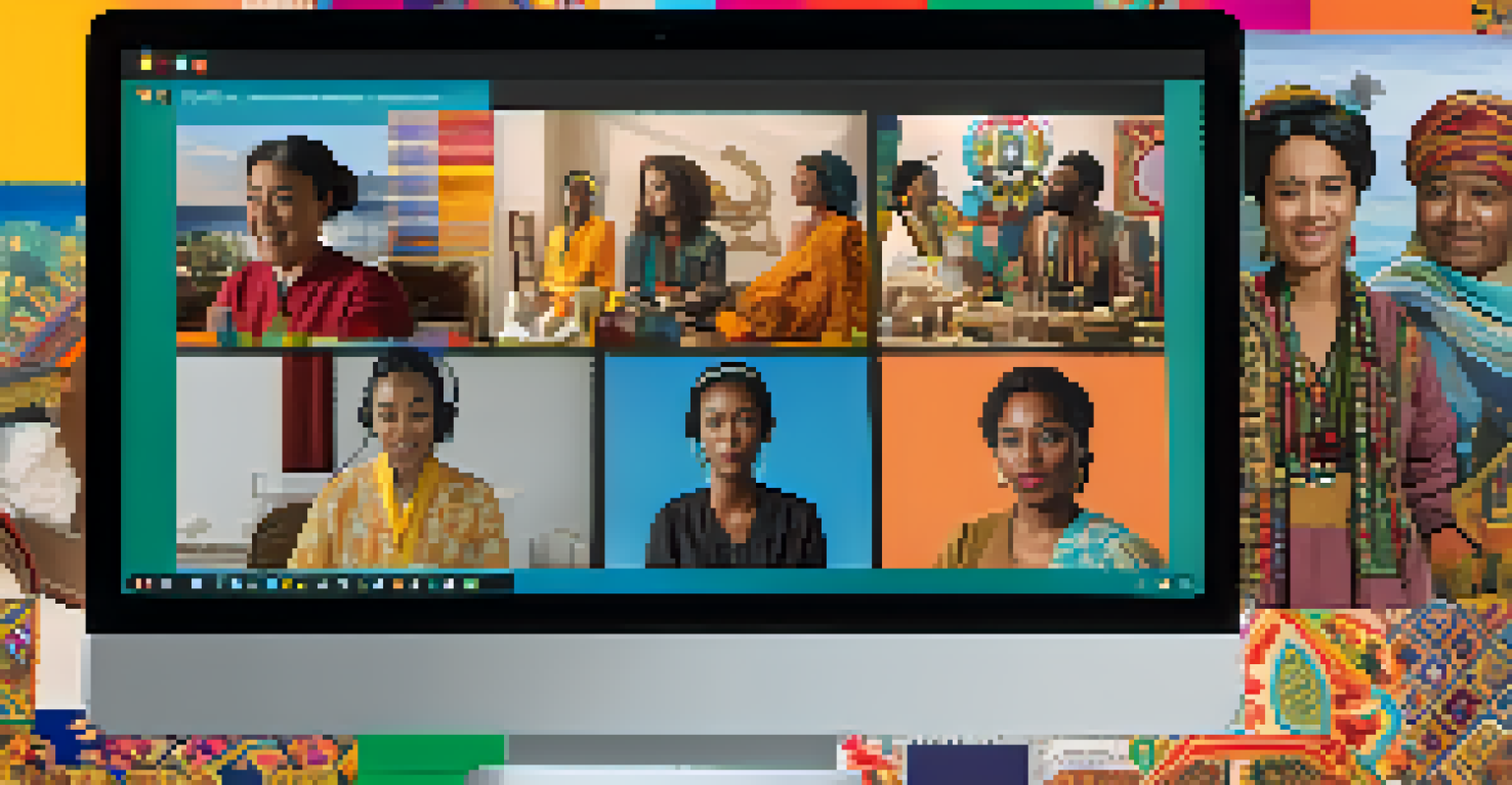 A computer screen showing a virtual cultural exchange event with participants from diverse backgrounds discussing their cultures, surrounded by cultural artifacts.