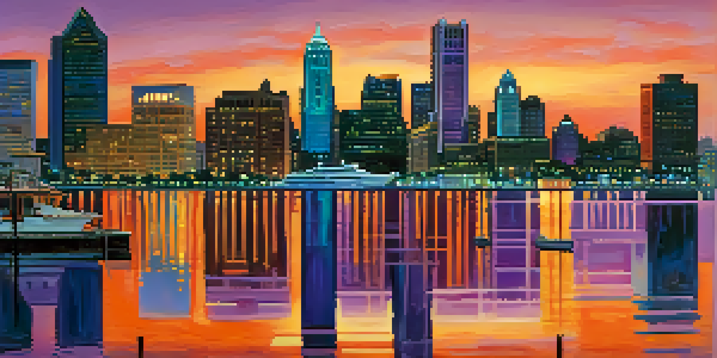 A panoramic view of Detroit's skyline at sunset with vibrant colors reflecting off buildings and the river.