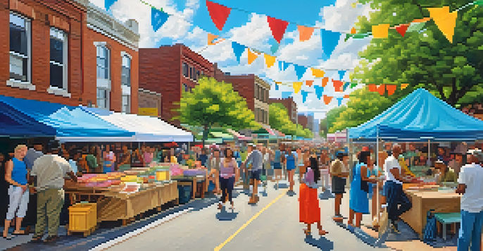 A lively street scene in Detroit with a diverse crowd enjoying a community event, food stalls, and colorful decorations.