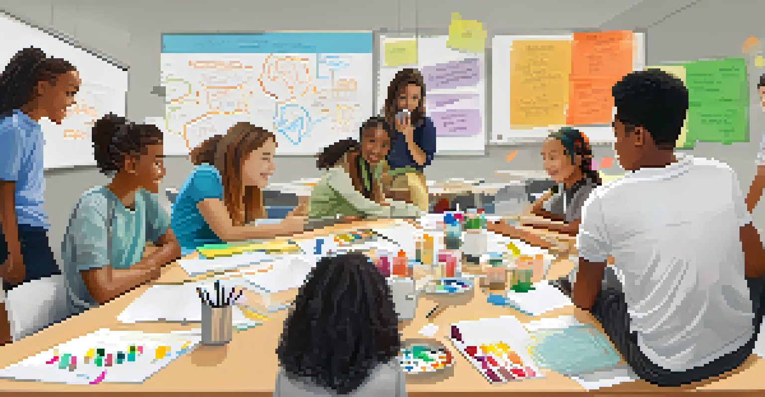 Students from different backgrounds collaborating in a design thinking workshop, surrounded by creative materials and a whiteboard filled with ideas.