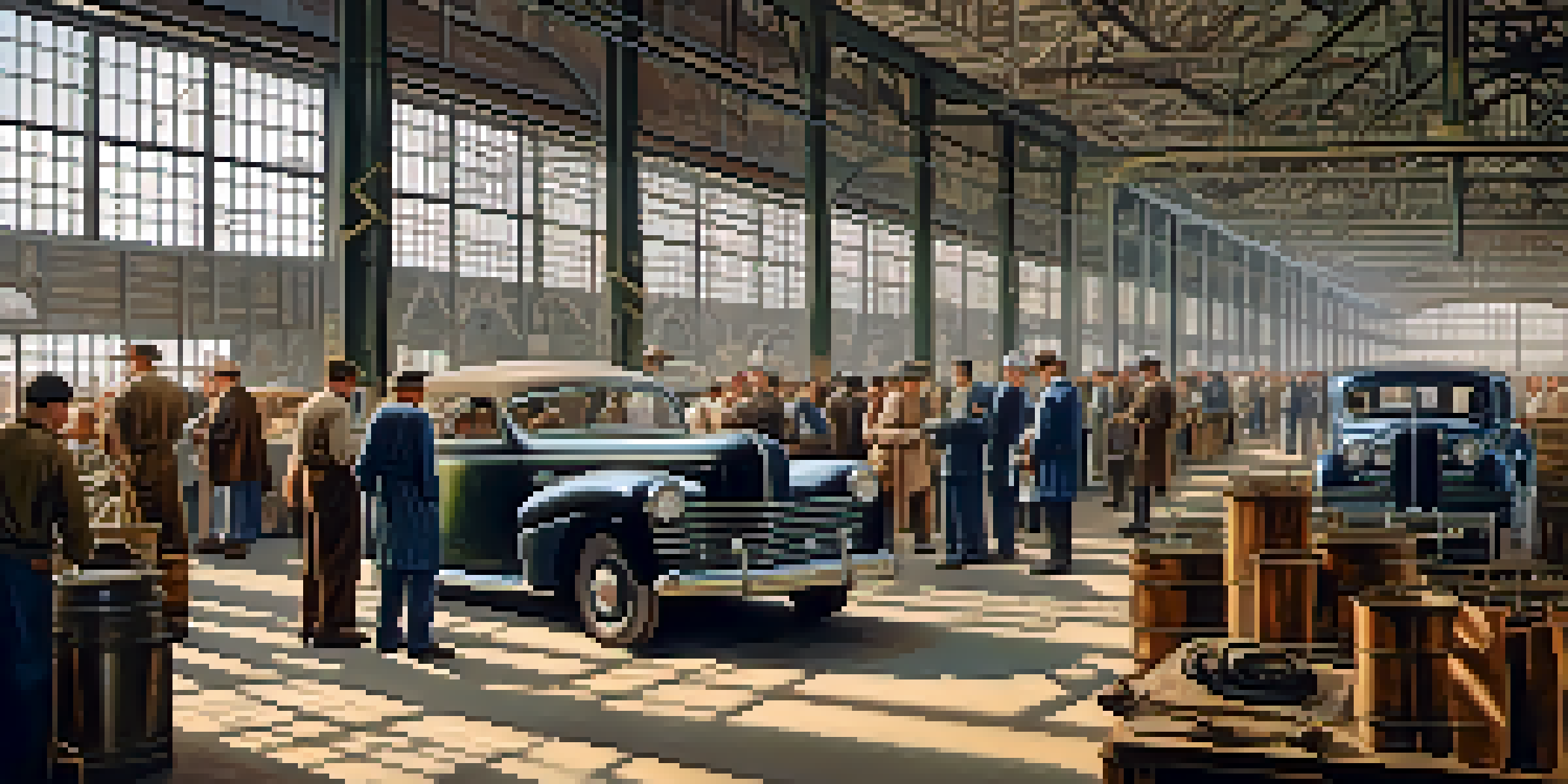 A historical factory scene in Detroit with diverse workers assembling cars, illuminated by sunlight.