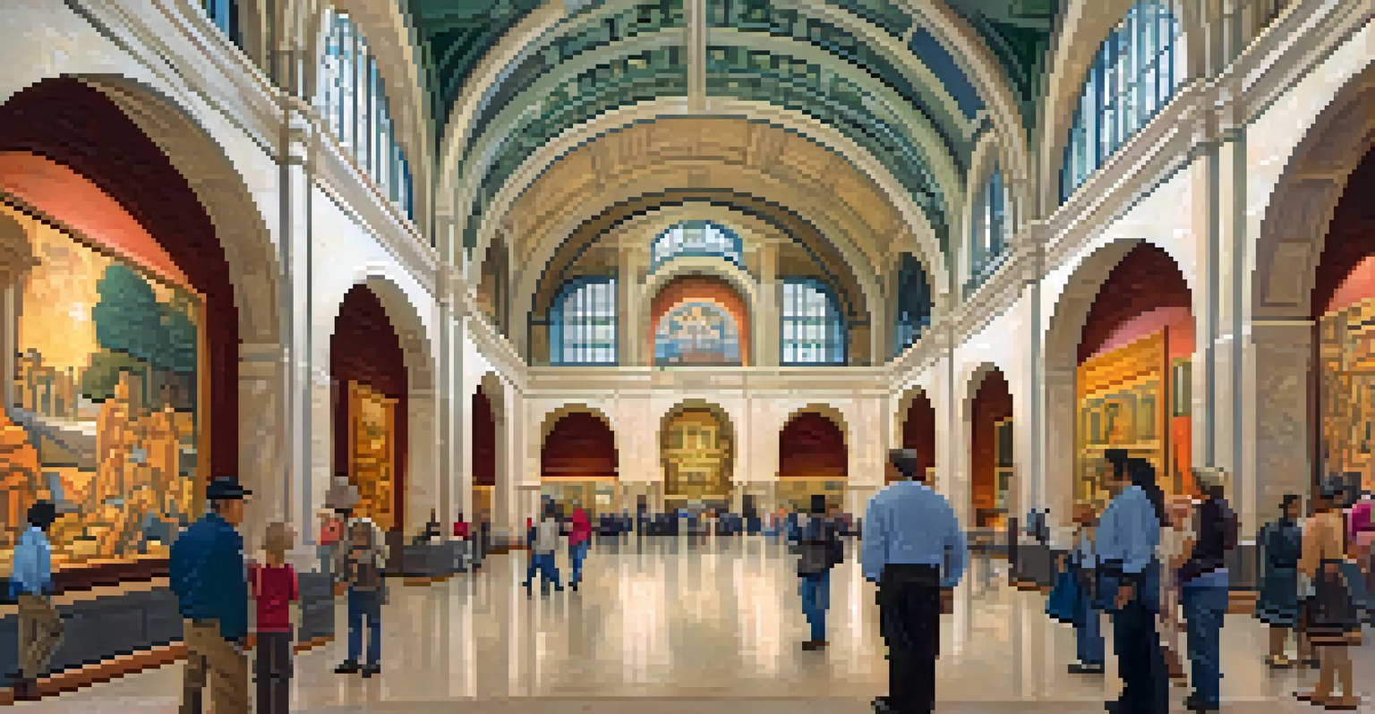 The interior of the Detroit Institute of Arts, showcasing a colorful Diego Rivera mural and visitors exploring the art exhibits under soft lighting.