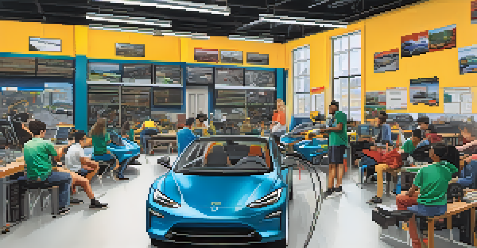 Students in a classroom workshop learning about electric vehicle technology with hands-on equipment.