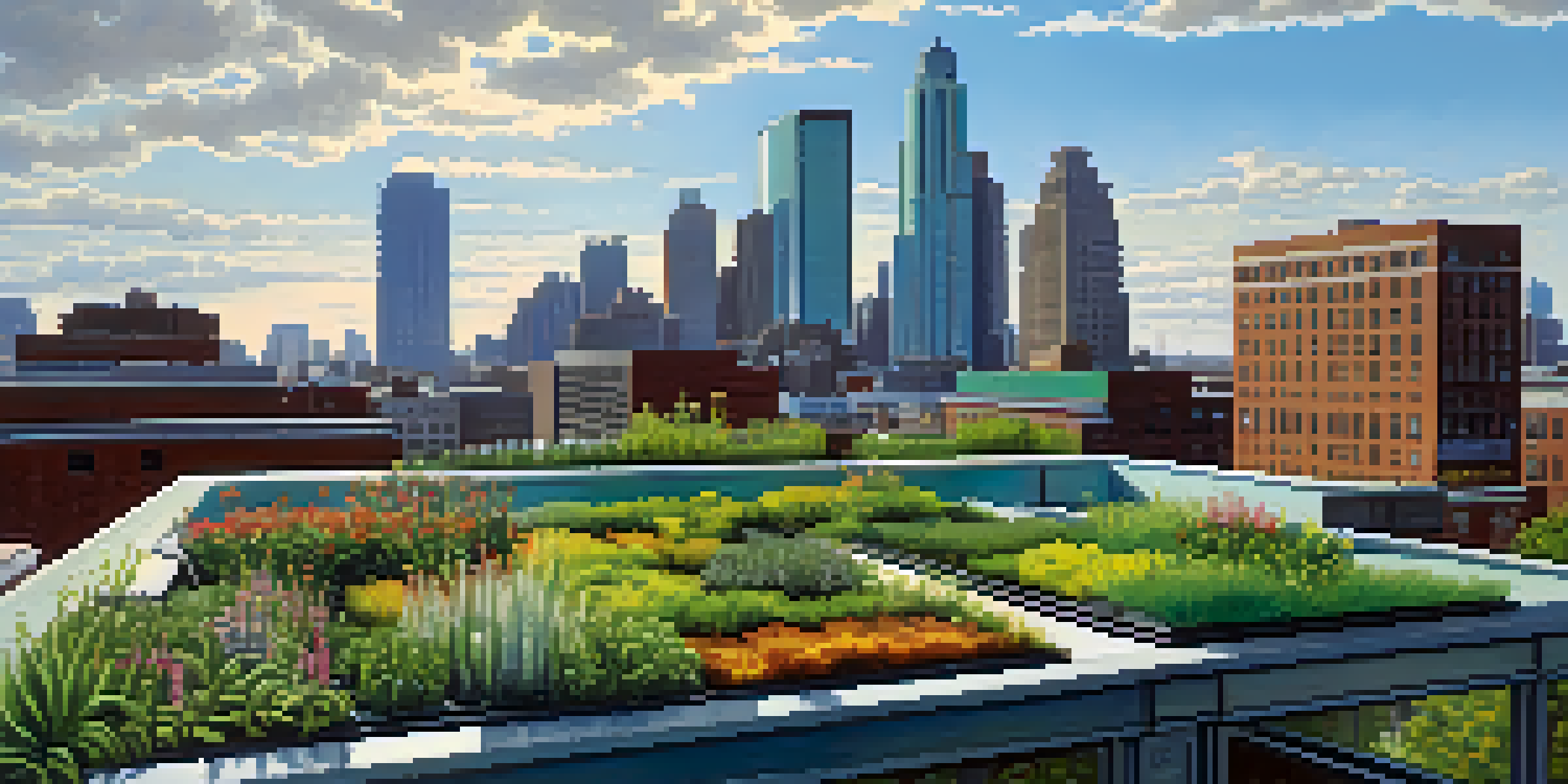 A rooftop garden filled with diverse plants and flowers in an urban setting with a view of the city of Detroit.