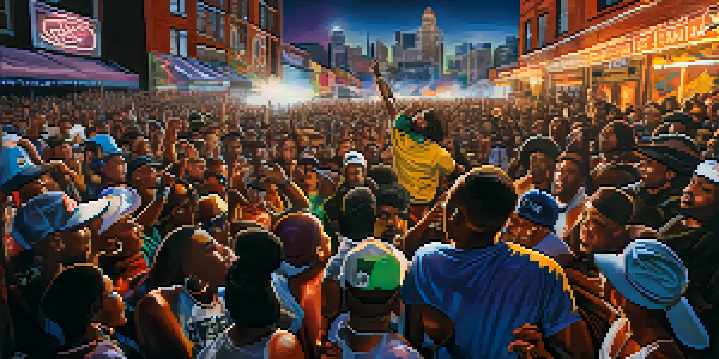 A dynamic performance at the Detroit Hip-Hop Festival with an artist on stage and a cheering crowd, featuring colorful lights and graffiti art.