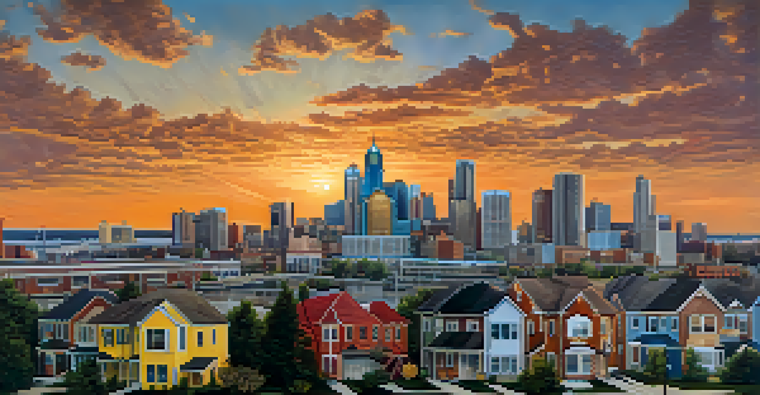 A sunset view of Detroit's skyline with affordable housing units in the foreground, representing hope and community.