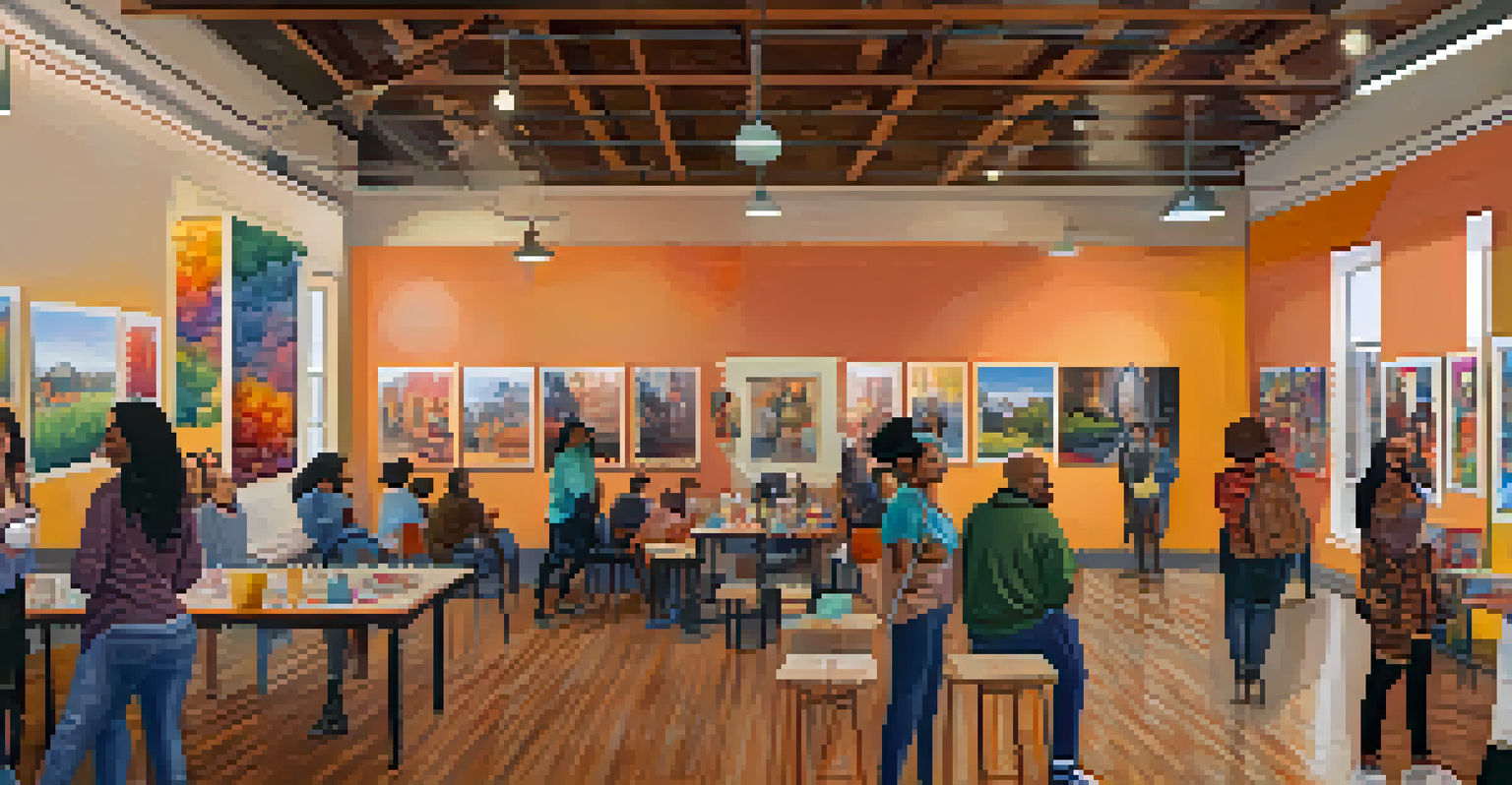 Inside a cozy LGBTQ+ community center in Detroit, featuring art by local LGBTQ+ artists and people engaging in discussions.