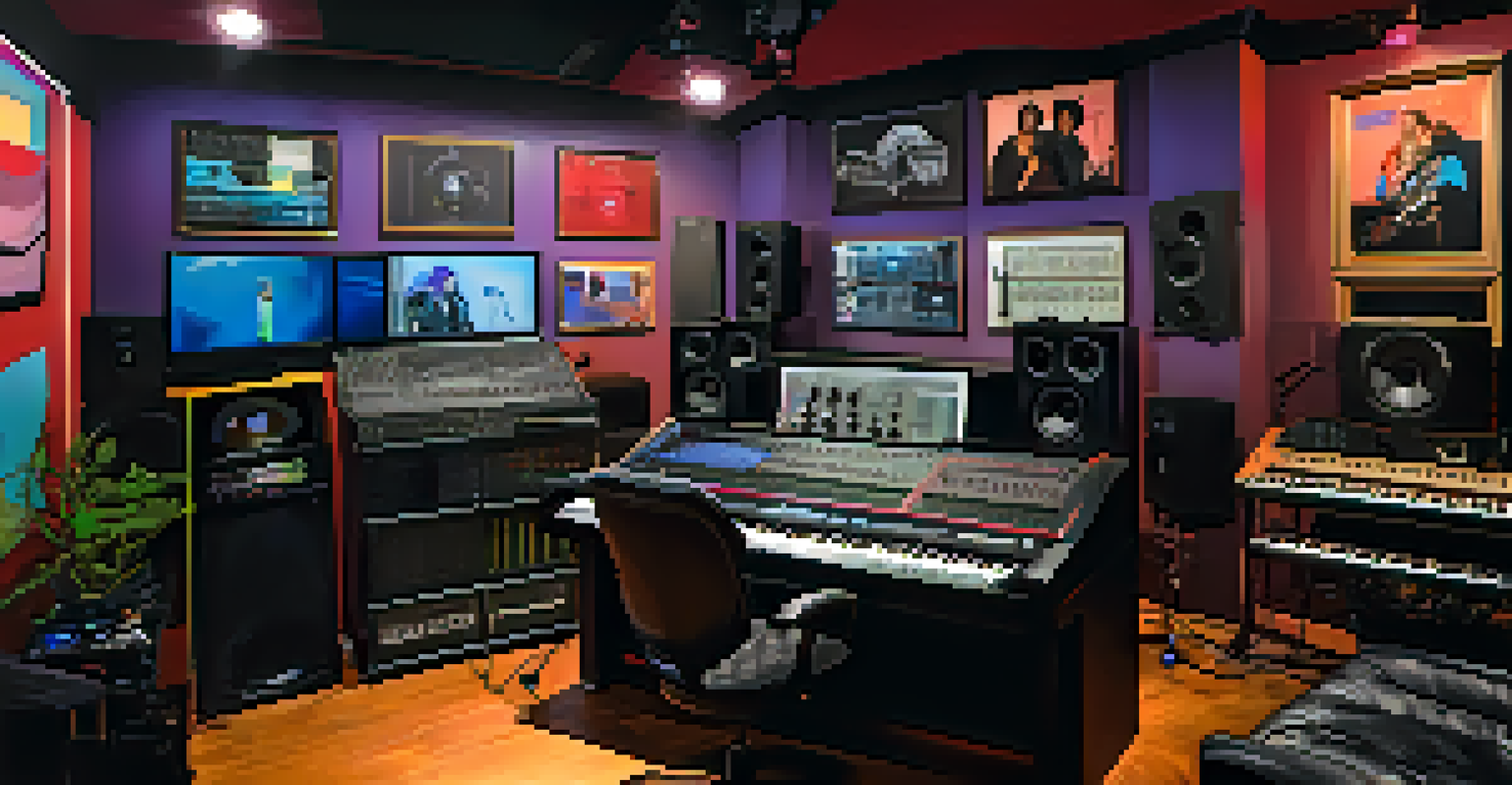 A hip-hop artist and a techno DJ collaborating in a modern recording studio in Detroit, surrounded by music equipment and vibrant lights.