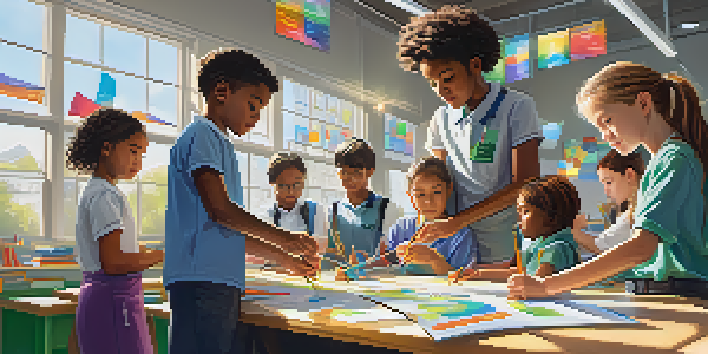 A classroom with diverse students working on a STEM project, with sunlight streaming in and colorful educational posters on the walls.