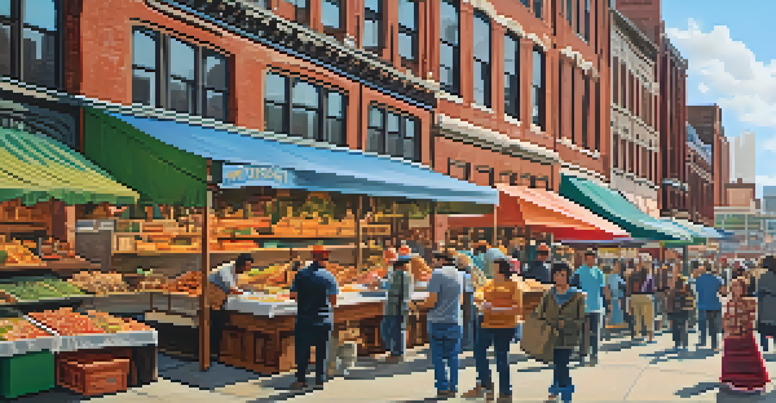 An artisanal food market in Detroit with vendors selling handmade goods and happy customers sampling food, set against historical buildings.