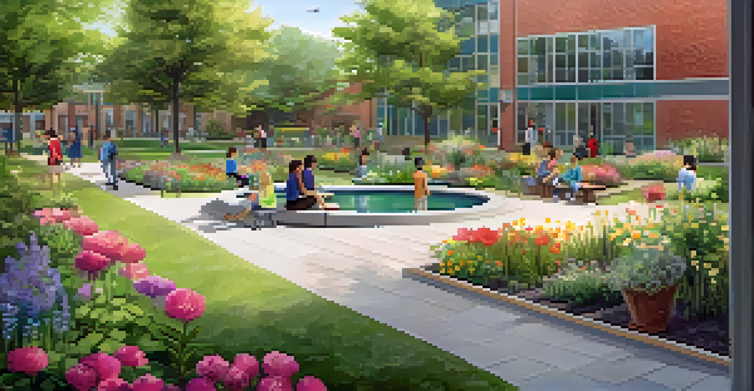 A tranquil school garden where students practice mindfulness and relaxation, surrounded by colorful flowers and a small pond.