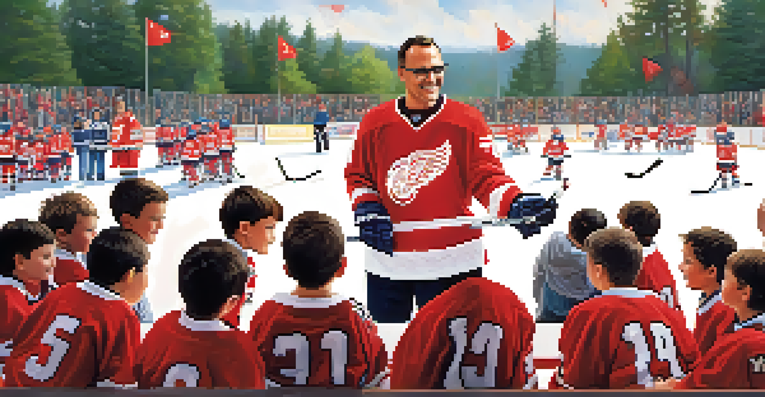 Steve Yzerman engaging with young hockey players at a rink, smiling and encouraging them, with kids in team jerseys around him.