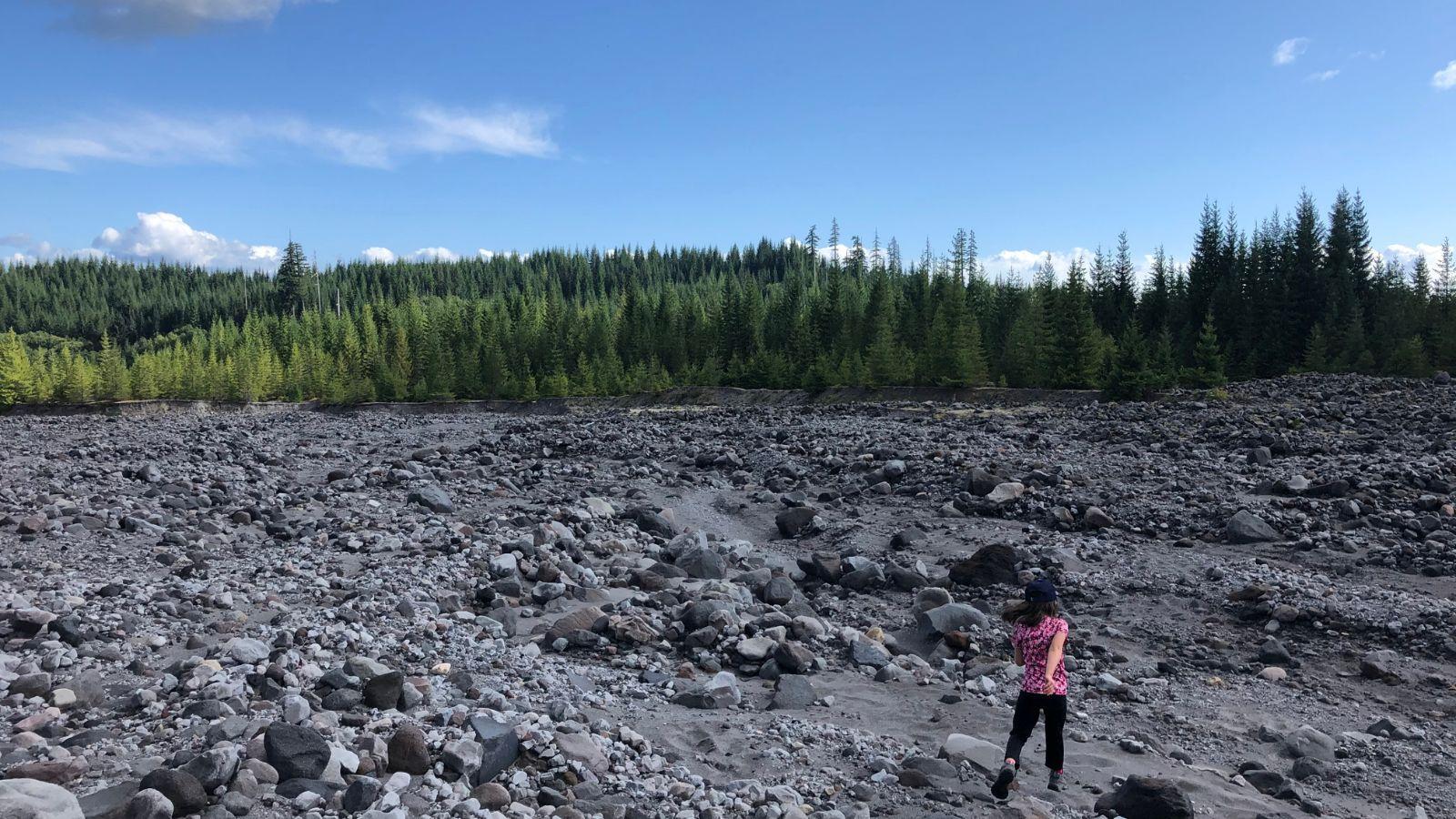 A young girl walks through a rock field with trees in the distance