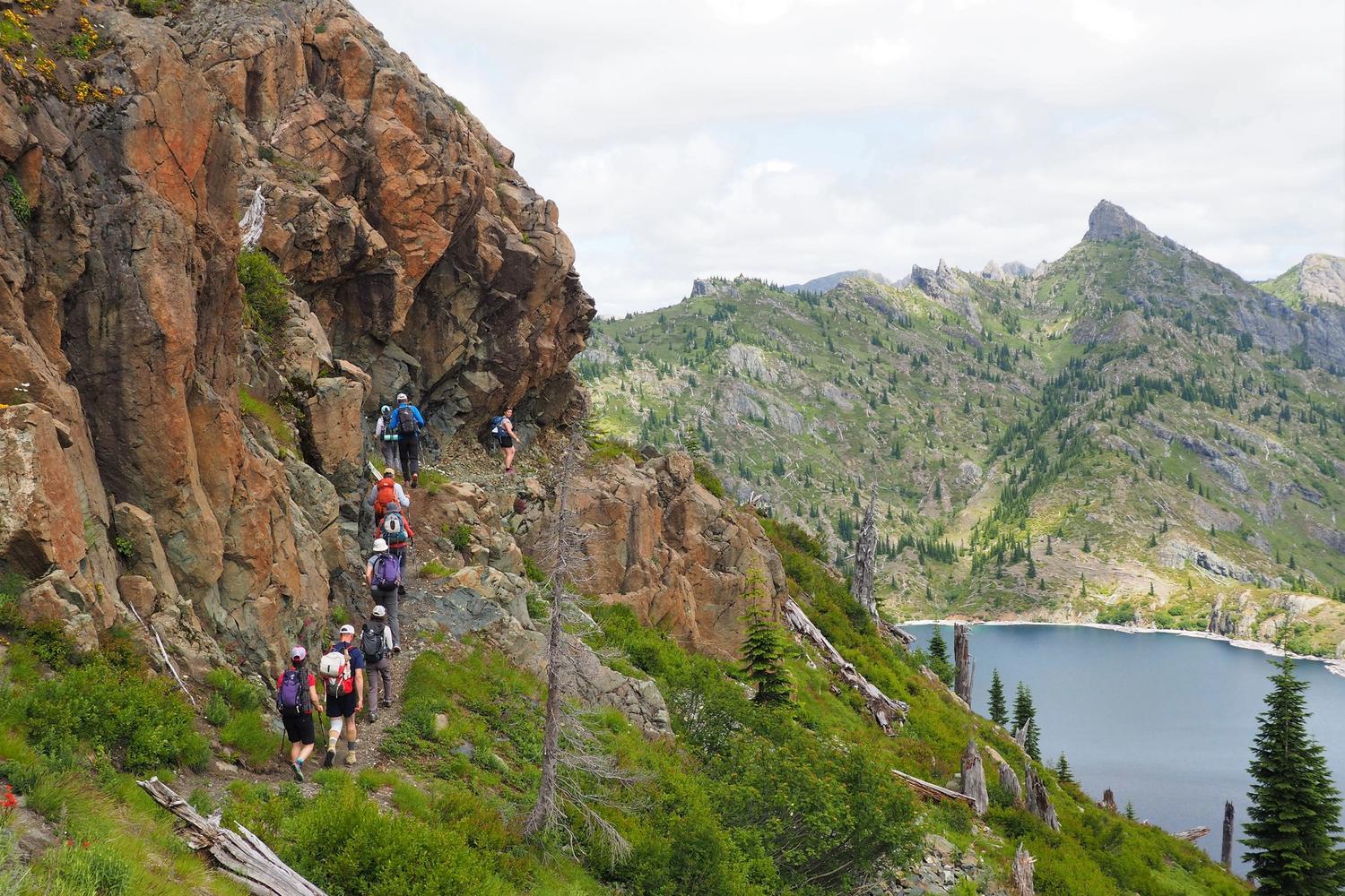 Hikers on the trail at Mount St. Helens participating in a guided adventure led by Mount St. Helens Institute staff