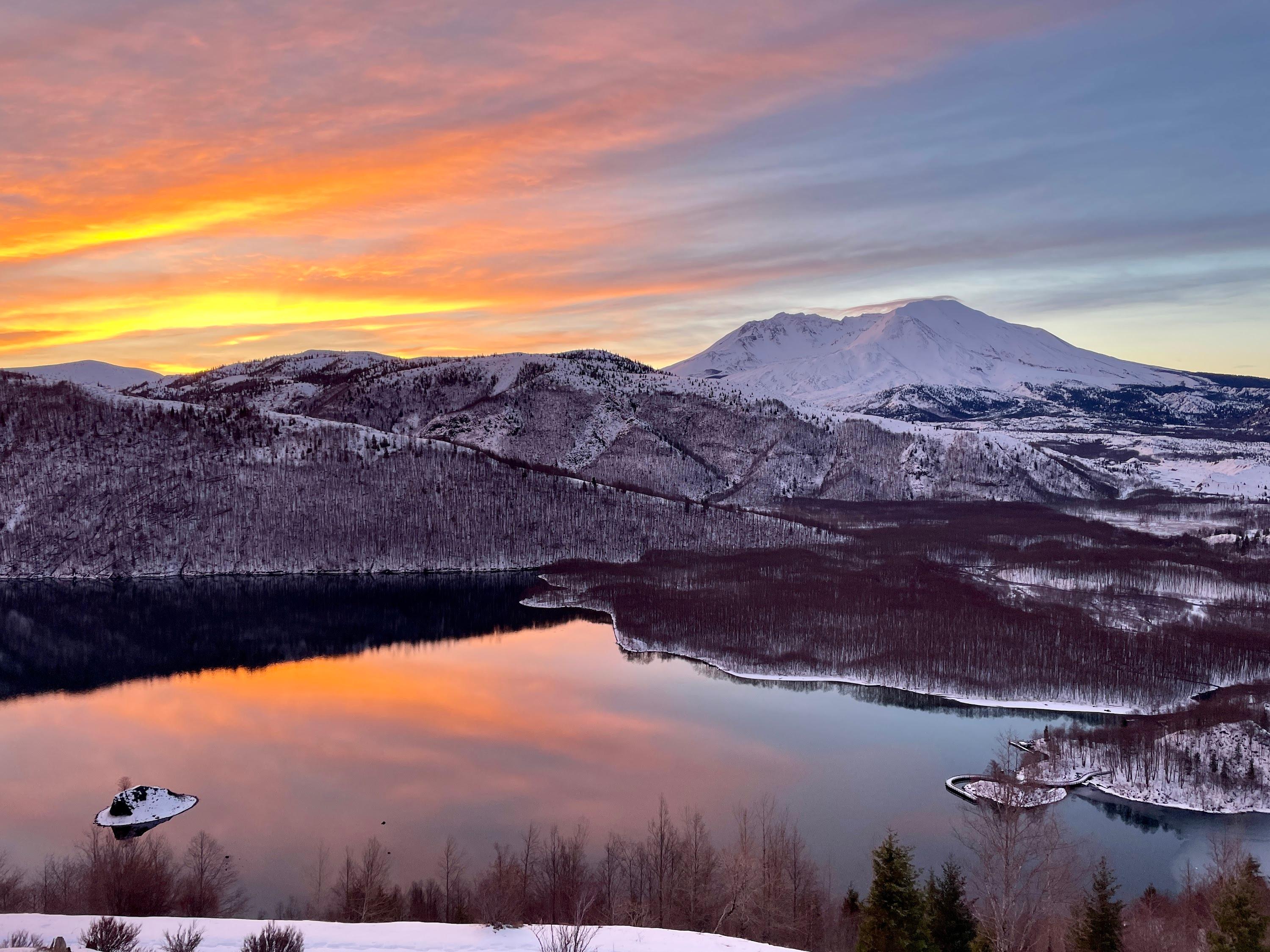Snowy Mount St. Helens at Sunrise over Coldwater Lake