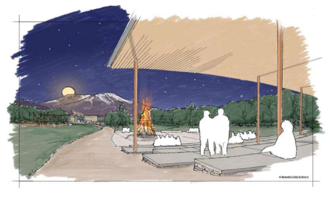 Artist rendering of a new covered amphitheater at night with a large bonfire and the mountain in the background