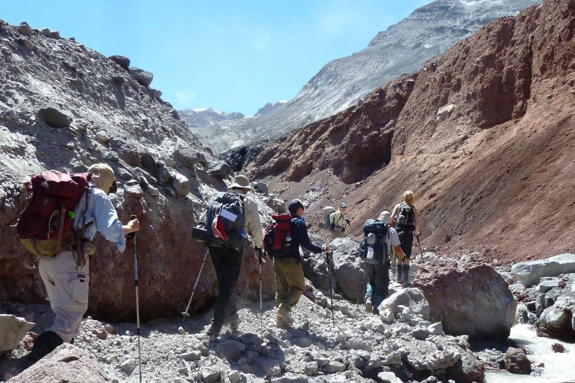 Hikers trekking into the crater of Mount St. Helens