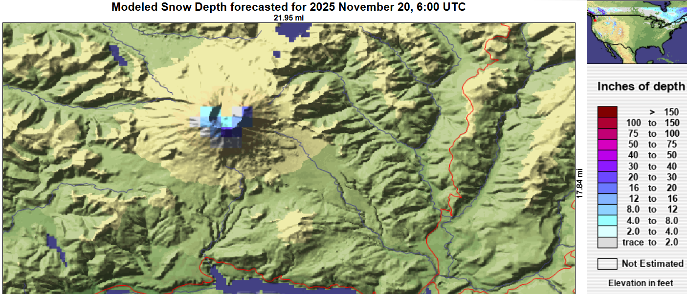 Snow depth forecast shows nearly no snow at upper elevations at Mount St. Helens