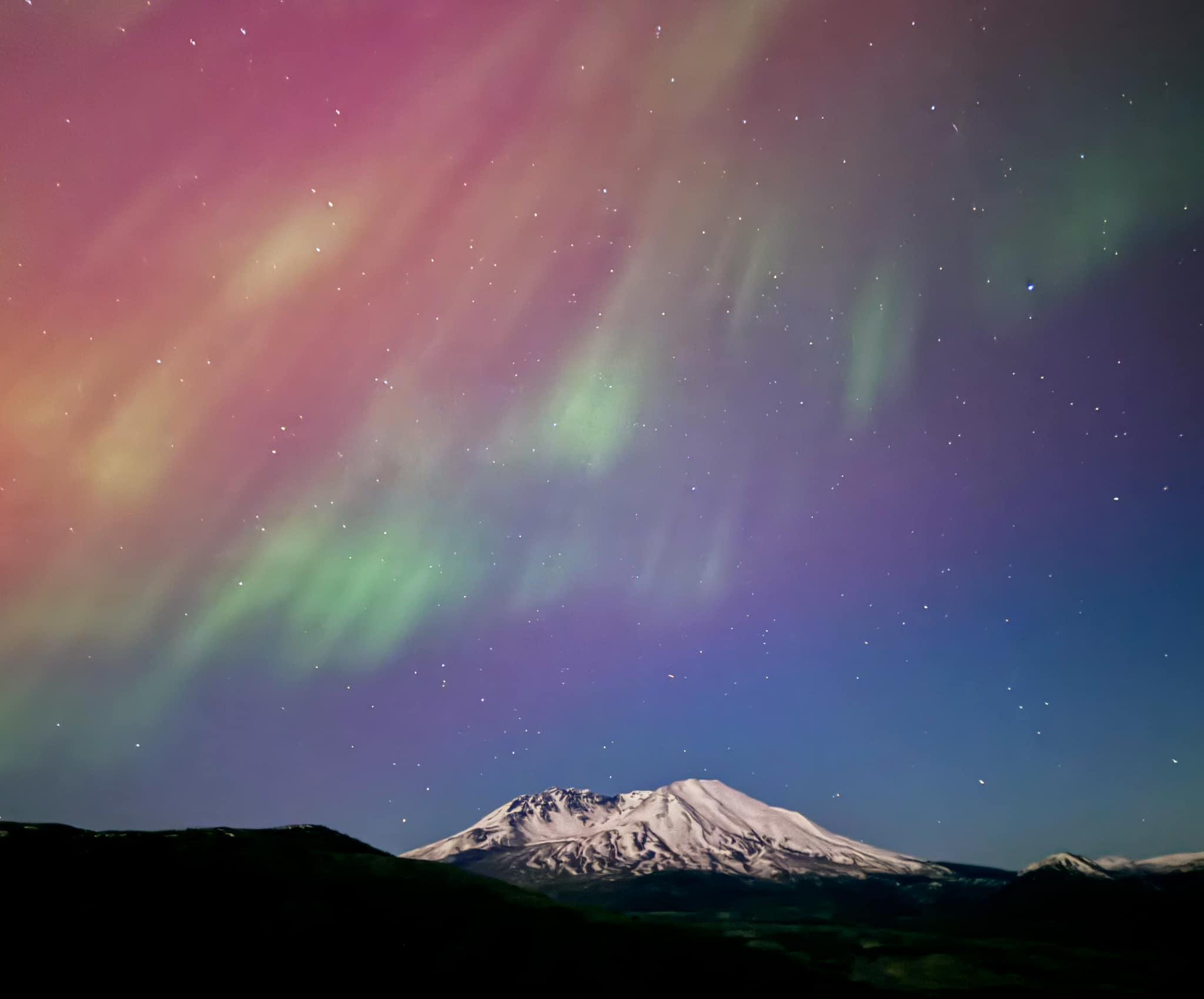 northern lights over Mount St. Helens