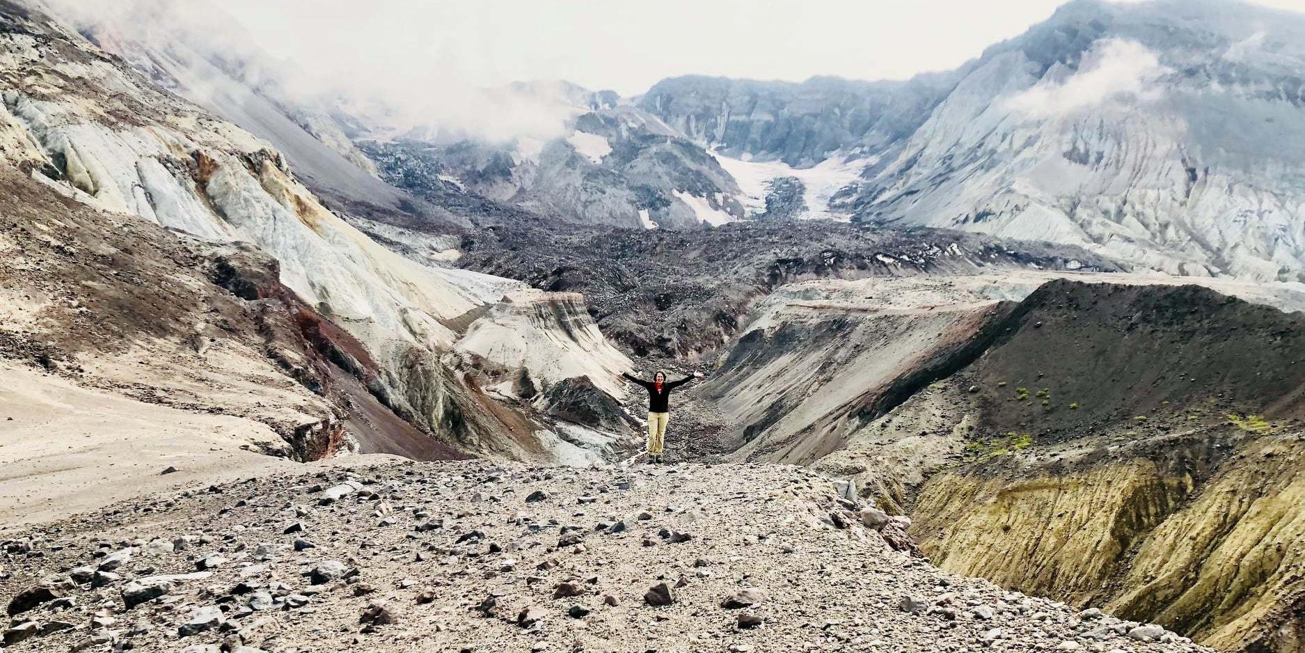 Mount St. Helens Institute program participant standing at the Crater Glacier overlook.