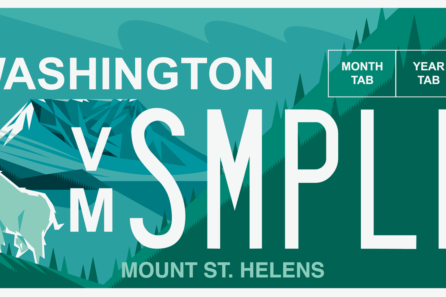 Turquoise Washington state license plate with Mount St. Helens and a mountain goat