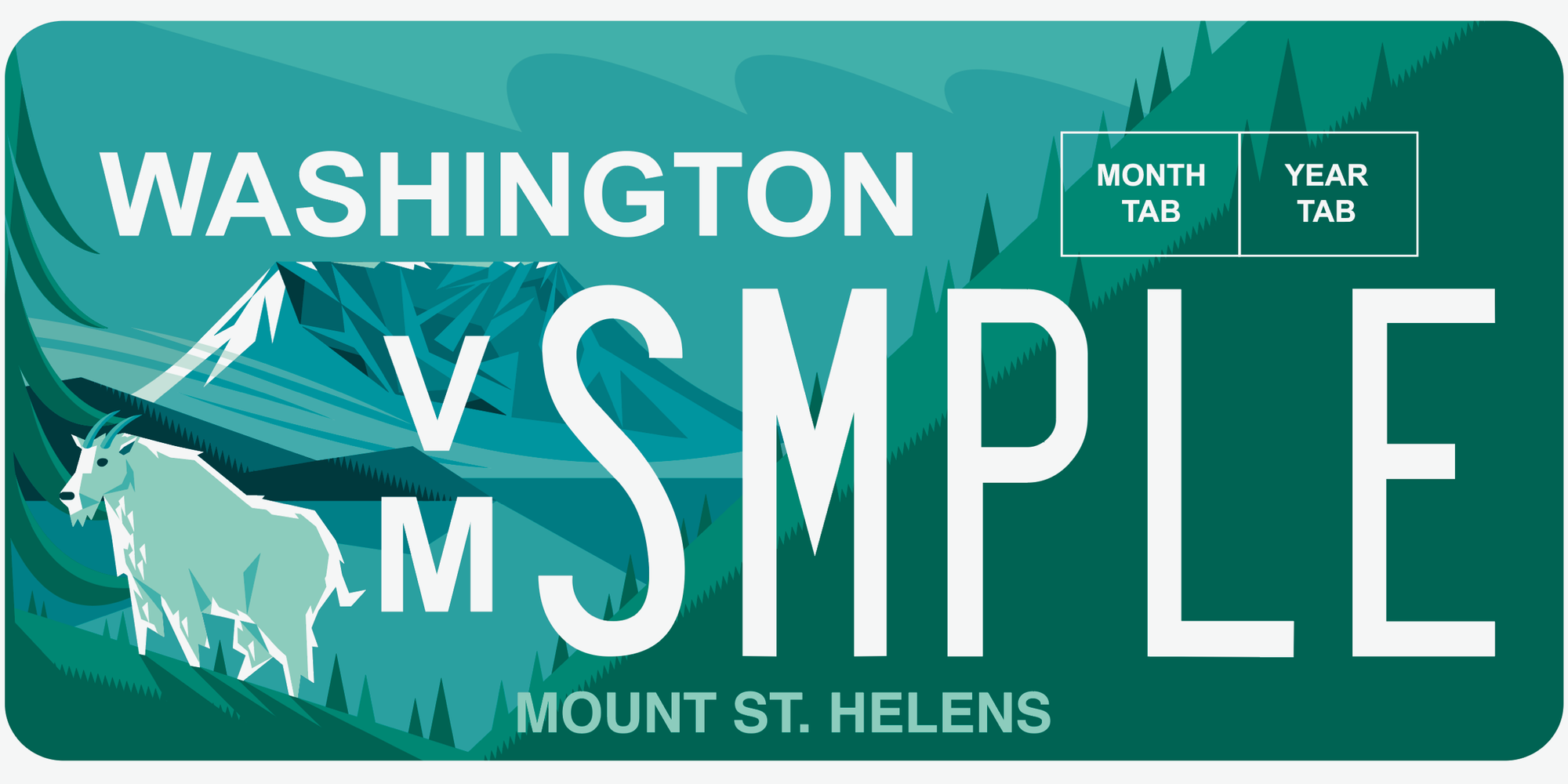 Washington state license plate with mount st helens and a mountain goat on it, with sample characters