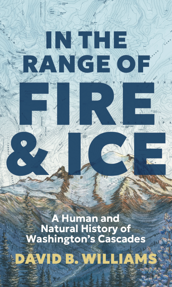 Illustrated, snow capped mountain in the background with the title "In the Range of Fire and Ice" in bold letters above it