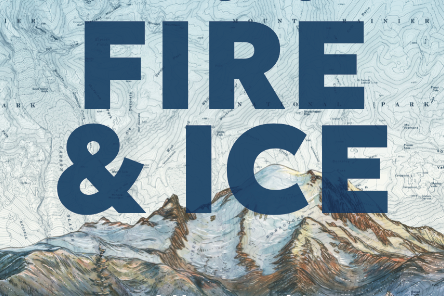 Book cover for Fire and Ice with a blue topography map background and illustrated mountains.