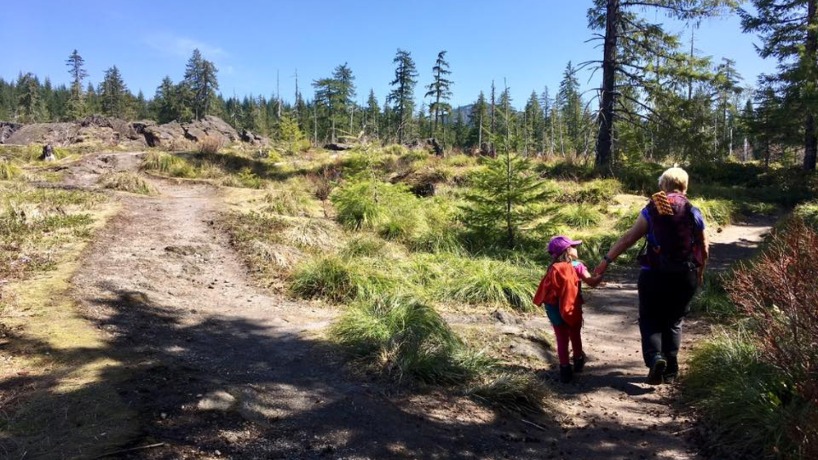 A woman and a child walk along a trail in the woods