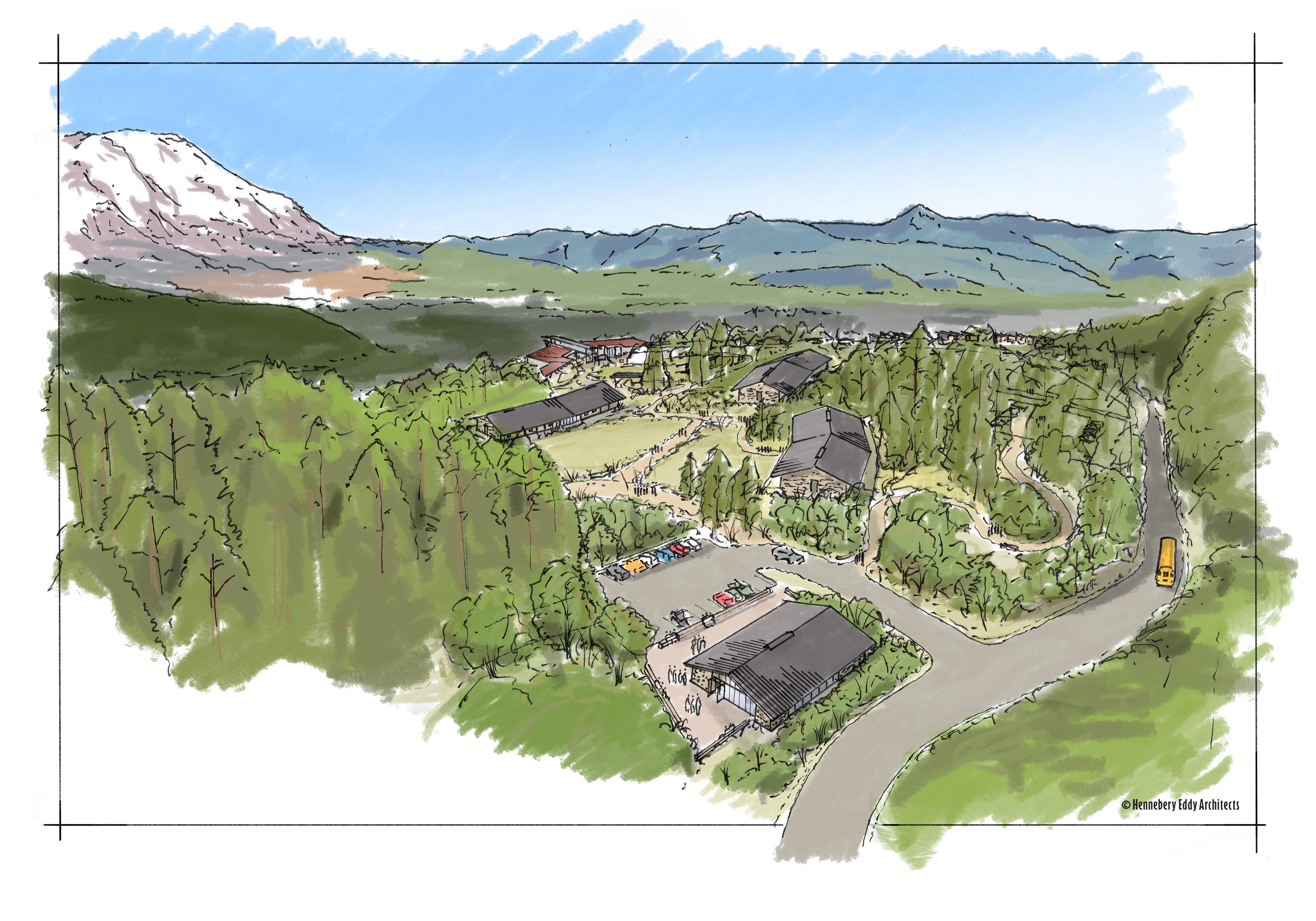 Artist rendering of an aerial view of the expanded science and learning center campus with the mountain in the background