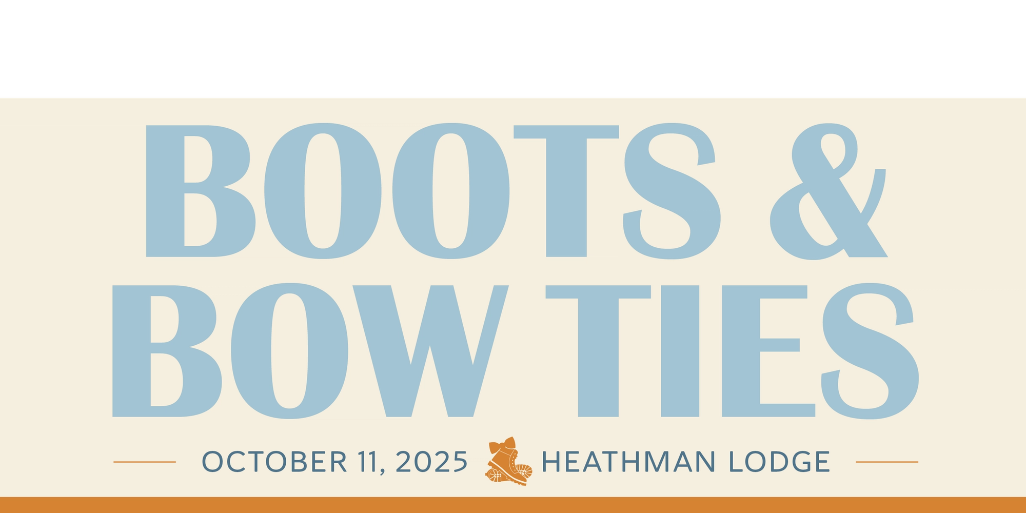 Boots & Bow Ties banner with title, event date, mountain, and wildflowers