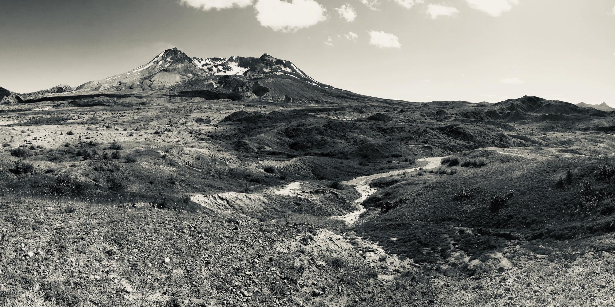 Monochromatic Panoramic Photo of the landscape at Mount St. Helens, By Katie Whittier