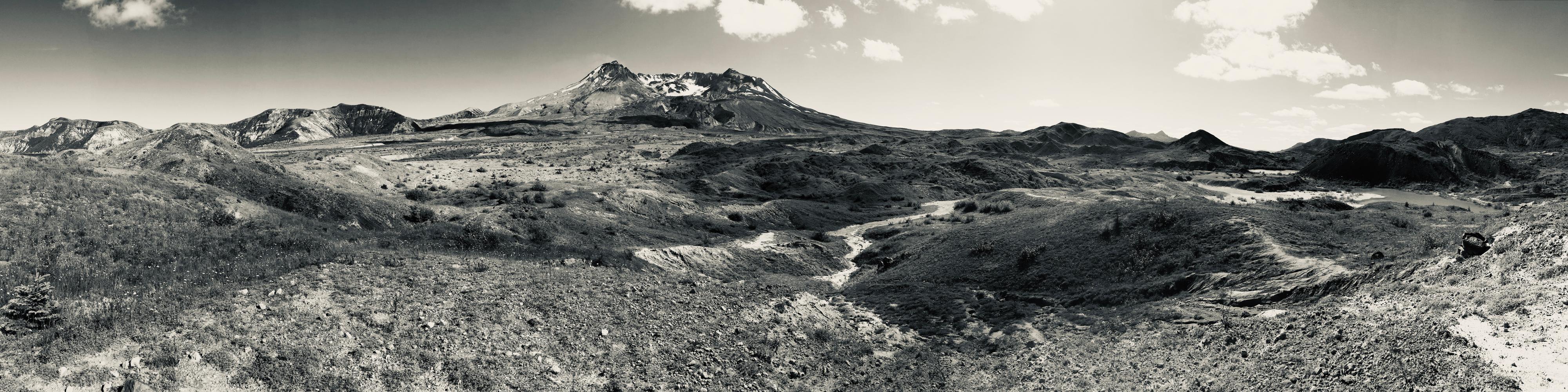 Monochromatic Panoramic Photo of the landscape at Mount St. Helens, By Katie Whittier