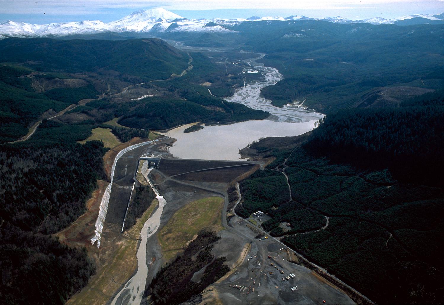 Aerial view of the sediment retention structure designed to trap sediment created by the eruption of Mount St. Helens