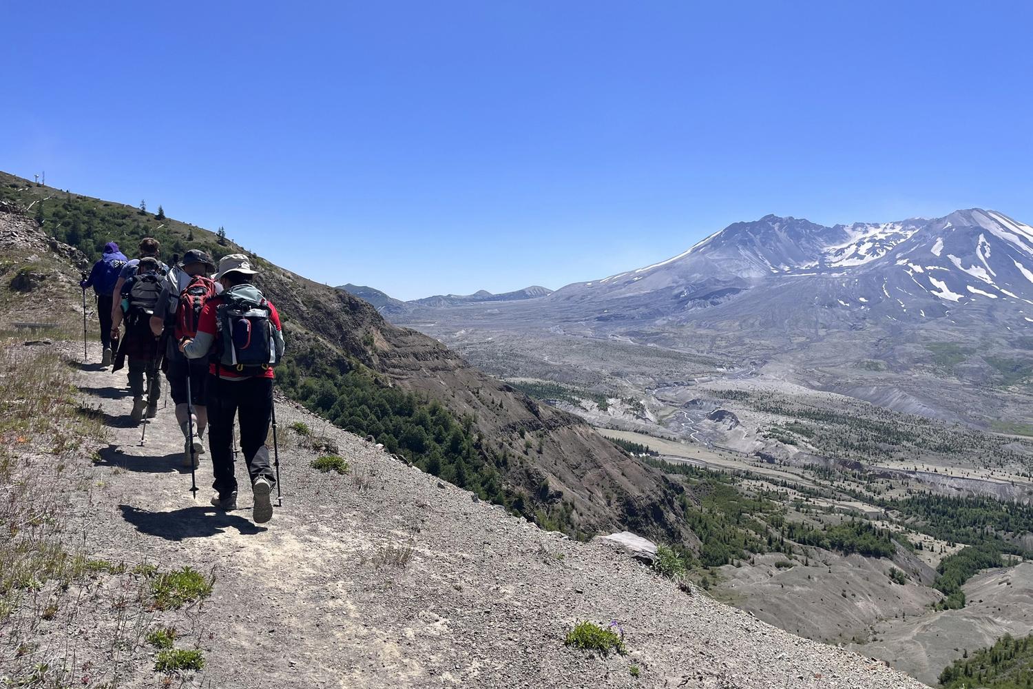 Participants on an MSHI guided adventure hike at Mount St. Helens