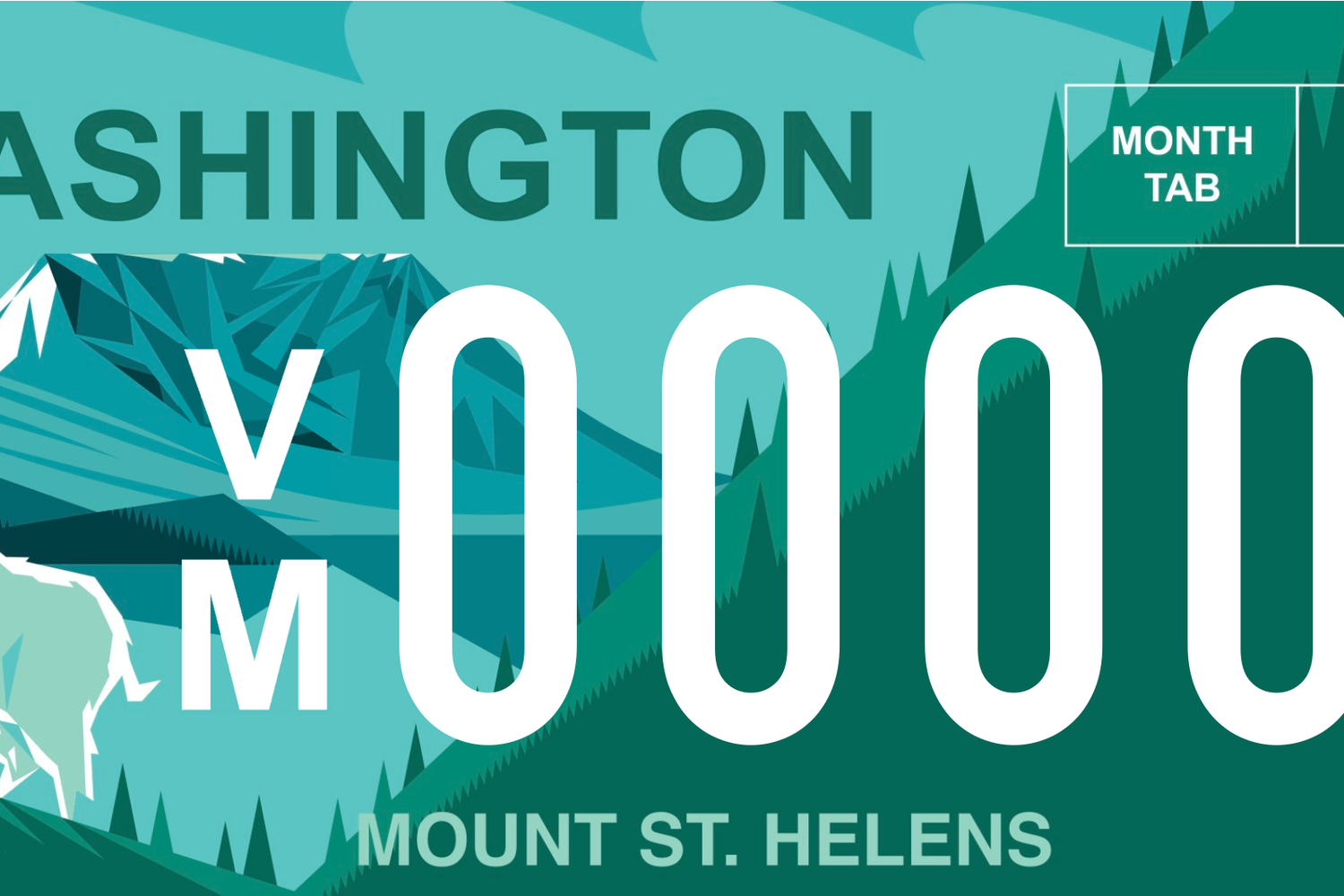 Turquoise Washington state license plate with Mount St. Helens and a mountain goat