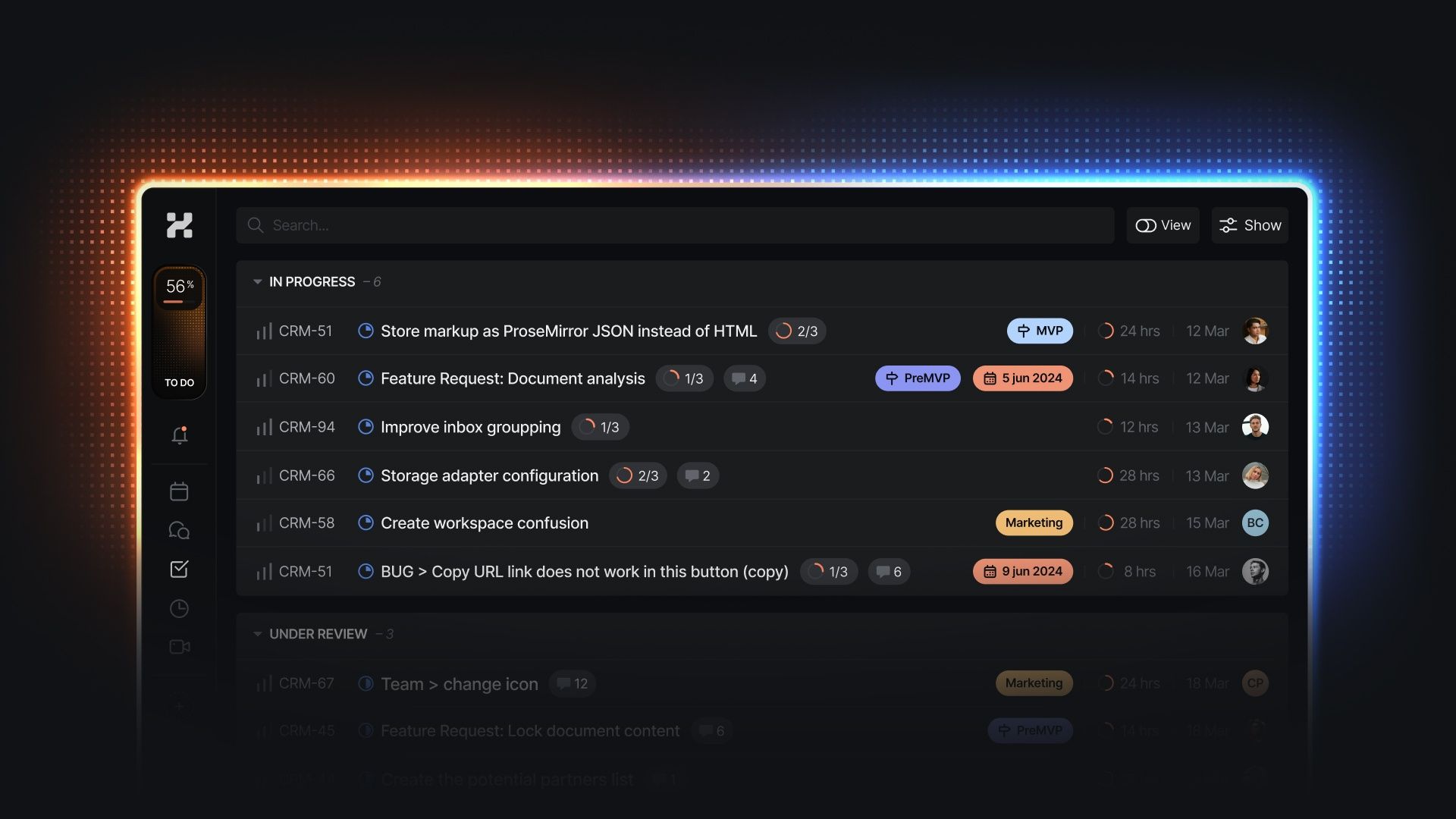 Huly all-in-one workspace showing project tracker, chat channels and documents in a single window