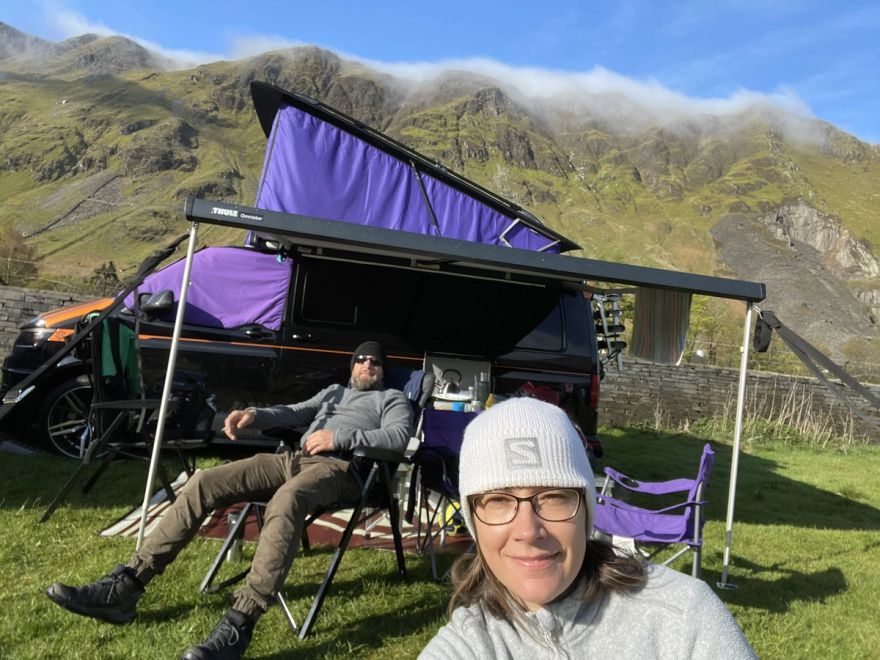 Phil & Maria chilling by the campervan at the base camp for Snowdon Mountain