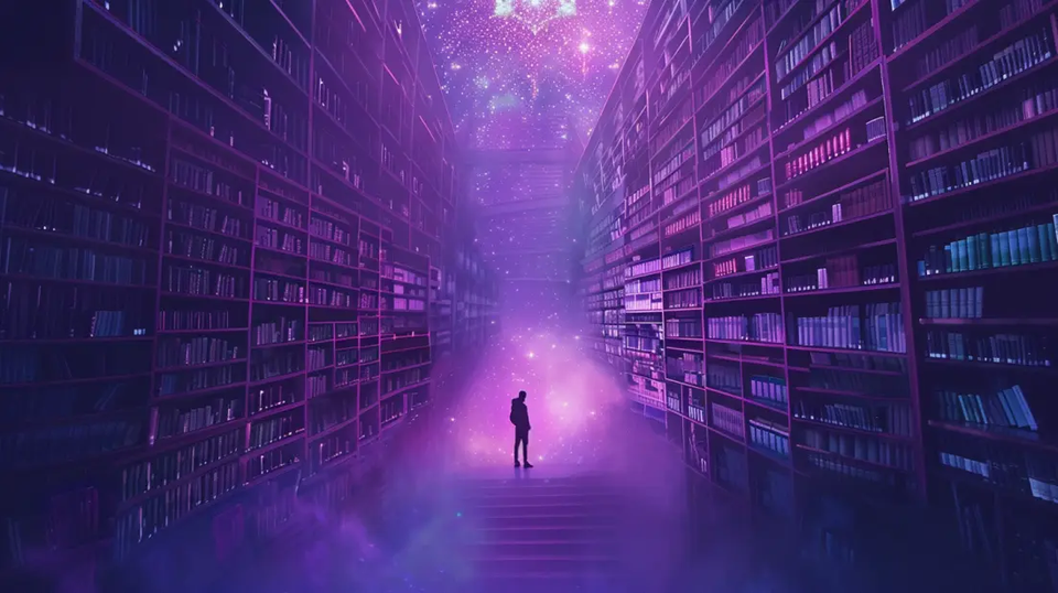 Surreal purple-lit library with towering bookshelves, a lone figure, and a glowing cosmic sky, symbolizing a vast world of knowledge and discovery.
