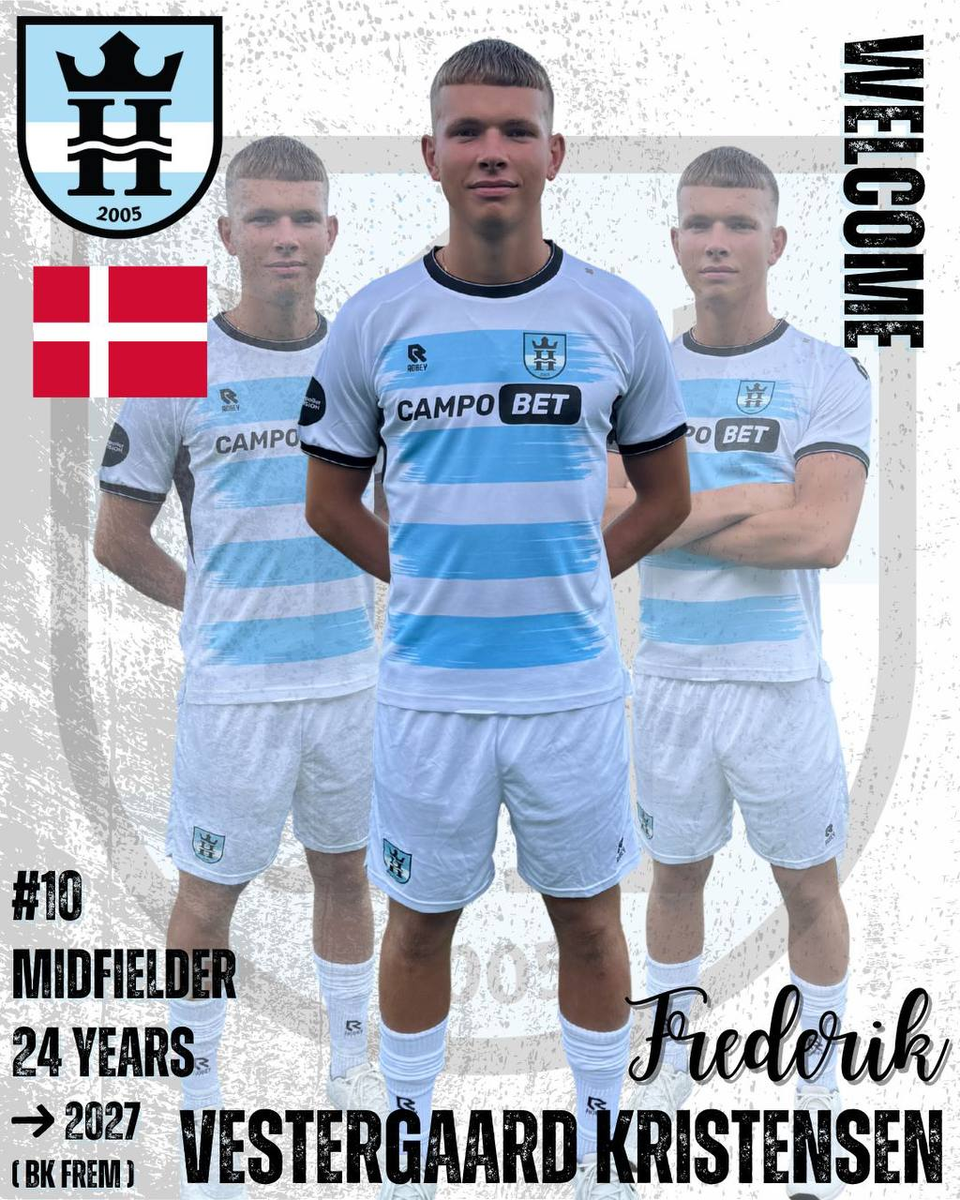 Official club announcement graphic featuring Danish midfielder Frederik Vestergaard Kristensen in his new kit, displaying his position, age, contract length, and club branding.