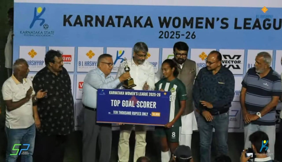Kajol D'souza receives the Top Goal Scorer award at the Karnataka Women's League 2025–26 awards ceremony after finishing the season as the league's leading scorer.