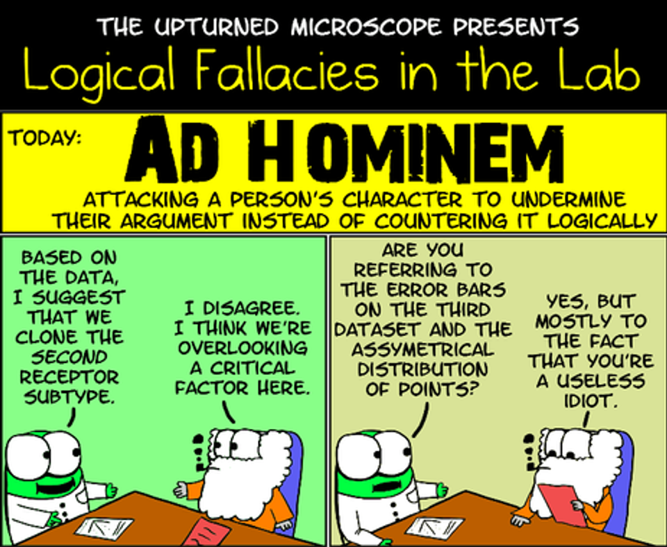 Comic explaining the ad hominem fallacy, where a scientific debate shifts from discussing evidence to insulting the other person's character.