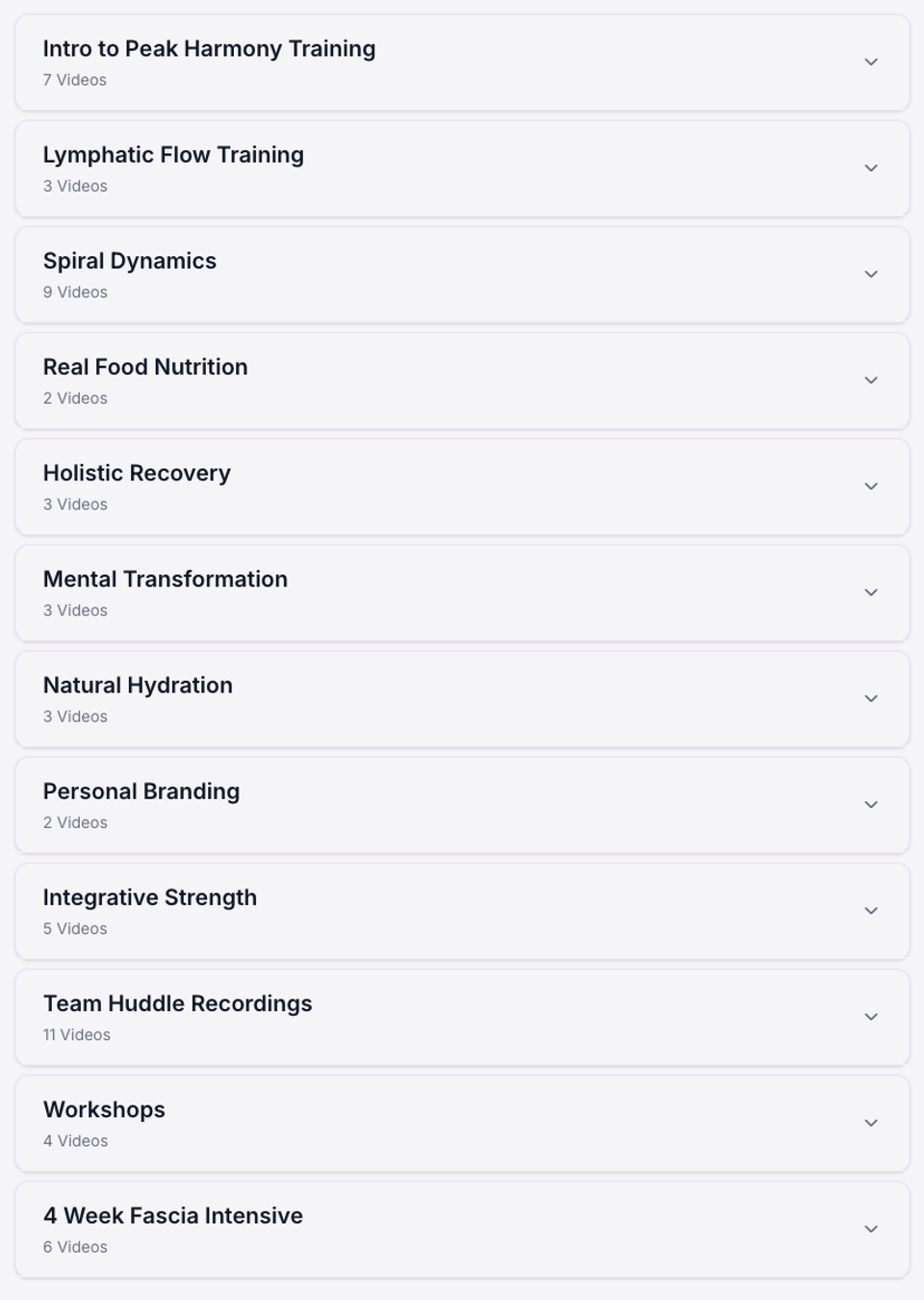 Football Entangled coaching library showing video categories including Peak Harmony Training, Spiral Dynamics, nutrition, recovery, strength, workshops, and fascial training.