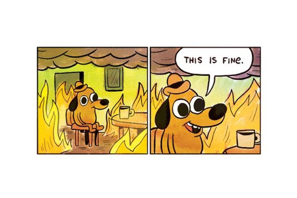 Alt text A two-panel comic showing a cartoon dog calmly sitting with a cup of coffee while surrounded by flames, saying "This is fine," symbolizing ignoring obvious problems despite worsening conditions.
